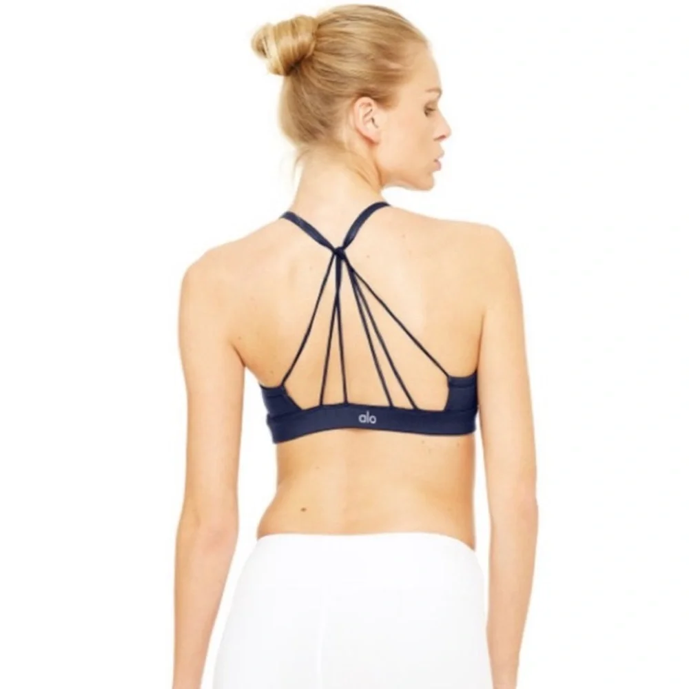 ALO Yoga Blue Sunny Strappy Sports Bra for Intimates NAVY GLOSS Size Large